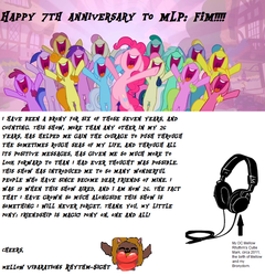 Size: 872x907 | Tagged: safe, artist:mellow91, oc, oc only, oc:mellow rhythm, chibi, crowd, cutie mark, happy birthday mlp:fim, headphones, heart, letter, mlp fim's seventh anniversary, simple background, text