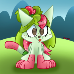 Size: 760x760 | Tagged: safe, artist:snakeythingy, oc, oc only, oc:watermelana, cat, watermelon pony, cute, sjart117, species swap, tongue out, watermelon cat