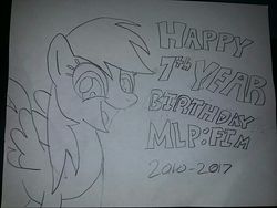 Size: 800x600 | Tagged: safe, artist:milo(german), derpy hooves, pegasus, pony, g4, female, grayscale, happy birthday mlp:fim, looking at you, mare, mlp fim's seventh anniversary, monochrome, open mouth, smiling, solo, spread wings, traditional art, underp, wings