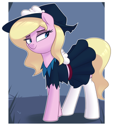 Size: 1280x1422 | Tagged: safe, artist:shinodage, oc, oc only, oc:nurse bonesaw, earth pony, pony, clothes, cute, female, mare, pleated skirt, skirt, skirt lift, socks, solo, thigh highs