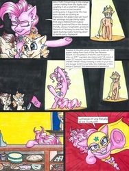 Size: 3000x4000 | Tagged: safe, artist:tillie-tmb, applejack, pinkie pie, pound cake, pumpkin cake, comic:the amulet of shades, g4, comic, high res, luchador mask, microphone, spanish, traditional art