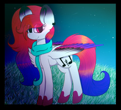 Size: 1609x1467 | Tagged: safe, artist:creadorachan, oc, oc only, oc:candy, pegasus, pony, clothes, colored wings, female, mare, multicolored wings, night, scarf, solo