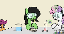 Size: 1500x800 | Tagged: safe, artist:skitter, scootaloo, sweetie belle, oc, oc:filly anon, g4, beaker, chemistry, cute, female, filly, goggles, graduated cylinder, magic, mouth hold, notepad, pouring, science, simple background, telekinesis, test tube, this will end in death, this will end in tears, this will end in tears and/or death, this will end in tears and/or death and/or covered in tree sap