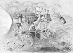 Size: 990x712 | Tagged: safe, artist:t72b, derpibooru exclusive, pinkie pie, g4, artillery, dust, explosion, female, grin, monochrome, one eye closed, partillery, party cannon, smiling, smoke, solo, traditional art, weapon, what could possibly go wrong, windswept mane