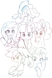 Size: 2000x3000 | Tagged: safe, artist:akainu_pony, applejack, fluttershy, pinkie pie, rainbow dash, rarity, twilight sparkle, alicorn, pony, g4, bust, high res, mane six, monochrome, portrait, twilight sparkle (alicorn)