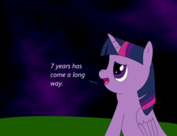 Size: 3316x2552 | Tagged: safe, artist:coldfire, twilight sparkle, alicorn, pony, g4, dialogue, female, grass, happy birthday mlp:fim, high res, looking up, mare, mlp fim's seventh anniversary, nebula, night, night sky, open mouth, reflection, sitting, sky, solo, twilight sparkle (alicorn)