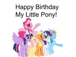 Size: 960x720 | Tagged: safe, applejack, fluttershy, pinkie pie, rainbow dash, rarity, twilight sparkle, alicorn, pony, g4, happy birthday mlp:fim, mane six, mlp fim's seventh anniversary, twilight sparkle (alicorn)