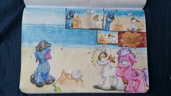 Size: 3264x1836 | Tagged: safe, artist:hilfigirl, oc, oc only, oc:blueboard, oc:endearing chalk, unnamed oc, earth pony, pegasus, pony, beach, comic, crying, sand, sandcastle, sports, text, traditional art, volleyball, water