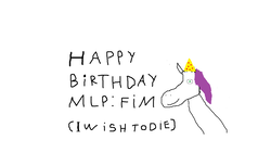 Size: 1536x864 | Tagged: safe, artist:mrbananapony, oc, oc only, 1000 hours in ms paint, happy birthday mlp:fim, hat, looking at you, mlp fim's seventh anniversary, party hat, simple background, sketch, solo, text, white background