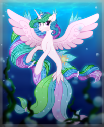 Size: 1800x2200 | Tagged: safe, artist:vird-gi, princess celestia, alicorn, seapony (g4), g4, bubble, crepuscular rays, cute, digital art, dorsal fin, ethereal mane, feather, female, fin, fish tail, flowing mane, flowing tail, horn, jewelry, long mane, looking at you, mare, necklace, ocean, pearl necklace, purple eyes, scales, sealestia, seaponified, seapony celestia, seaweed, smiling, smiling at you, solo, species swap, spread wings, starry mane, starry tail, sunlight, swimming, tail, underwater, water, wings