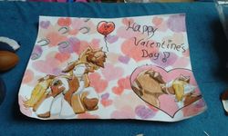 Size: 1280x770 | Tagged: safe, artist:hilfigirl, oc, oc only, oc:heavy weight, oc:pawprint, earth pony, pony, unicorn, cutie mark, eyes closed, gift art, heart, hearts and hooves day, heavyprint, holiday, hoof shoes, hoofprints, in love, kiss mark, kissing, lipstick, love, open mouth, paw print, paw prints, traditional art, valentine, valentine's day
