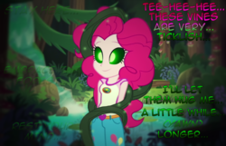 Size: 1100x710 | Tagged: dead source, safe, artist:snakeythingy, edit, pinkie pie, equestria girls, g4, my little pony equestria girls: legend of everfree, camping outfit, clothes, coiling, coils, dialogue, hypno pie, hypnosis, hypnotized, mind control, story included, vine