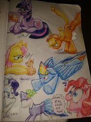 Size: 960x1280 | Tagged: safe, artist:hilfigirl, applejack, fluttershy, pinkie pie, rainbow dash, rarity, twilight sparkle, dog, earth pony, pegasus, pony, unicorn, g4, book, clothes, dress, flying, hat, mane six, mannequin, reading, text, traditional art