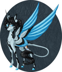 Size: 2052x2400 | Tagged: safe, artist:australian-senior, oc, oc only, oc:asriel elafris, alicorn, pony, kirindos, alternate universe, colored hooves, colored wings, colored wingtips, doug rattmann, hair bun, high res, leonine tail, piebald coat, portal, portal (valve), portal 2, solo