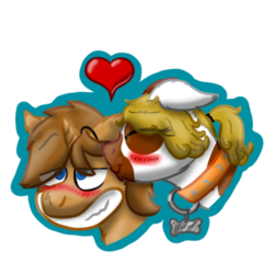 Size: 512x512 | Tagged: safe, artist:hilfigirl, oc, oc only, oc:heavy weight, oc:pawprint, earth pony, pony, unicorn, blushing, collar, dog tags, grin, heart, heavyprint, in love, kissing, love, smiling, telegram sticker