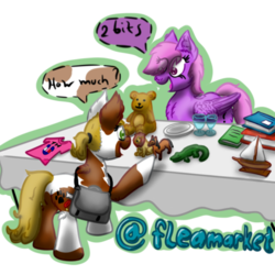 Size: 512x512 | Tagged: safe, artist:hilfigirl, oc, oc only, oc:pawprint, unnamed oc, earth pony, pegasus, pony, flea market, random pony, table, telegram sticker, text