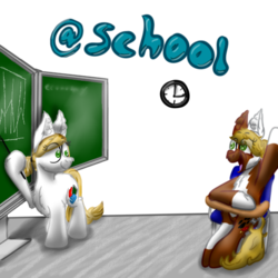 Size: 512x512 | Tagged: safe, artist:hilfigirl, oc, oc only, oc:endearing chalk, oc:pawprint, earth pony, pony, chalkboard, clock, school, sitting, teacher, telegram sticker, text