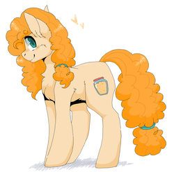 Size: 1024x1017 | Tagged: safe, artist:melpone, pear butter, earth pony, pony, g4, female, heart, looking at you, mare, profile, simple background, smiling, solo, standing, white background