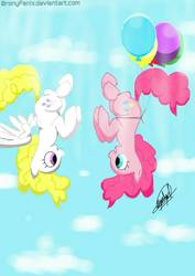 Size: 1000x1414 | Tagged: safe, artist:bronyfenix, artist:lauren faust, pinkie pie, surprise, pony, g4, balloon, floating, then watch her balloons lift her up to the sky, upside down