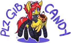 Size: 2000x1215 | Tagged: safe, artist:kez, oc, oc only, oc:etchy sketch, pegasus, pony, spider, clothes, cute, female, halloween, halloween costume, holiday, pumpkin bucket, simple background, socks, solo, striped socks, text, transparent background