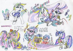 Size: 3483x2446 | Tagged: safe, artist:grimmyweirdy, coloratura, princess cadance, princess flurry heart, rarity, spike, twilight sparkle, oc, oc:starburst, alicorn, dragon, pony, g4, alternate hairstyle, clothes, countess coloratura, female, future, high res, male, offspring, older, parent:flash sentry, parent:twilight sparkle, parents:flashlight, piercing, princess emo heart, punk, punklight sparkle, raripunk, teenage flurry heart, teenager, traditional art, twilight sparkle (alicorn), wing piercing