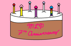 Size: 1000x650 | Tagged: safe, artist:lorddusk2014, derpibooru exclusive, 1000 hours in ms paint, cake, food, happy birthday mlp:fim, mlp fim's seventh anniversary, no pony, pink background, simple background