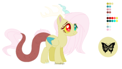 Size: 849x479 | Tagged: safe, artist:electricaldragon, oc, oc only, oc:cosette, hybrid, female, interspecies offspring, offspring, parent:discord, parent:fluttershy, parents:discoshy, reference sheet, simple background, solo, transparent background