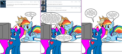 Size: 1808x800 | Tagged: safe, artist:dekomaru, applejack, rainbow dash, oc, oc:nurse blue, pony, tumblr:ask twixie, g4, ask, comic, female, lesbian, magic, nurse, pregnant, prone, ship:appledash, shipping, tumblr