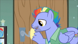 Size: 1280x720 | Tagged: safe, screencap, bow hothoof, scootaloo, pegasus, pony, g4, parental glideance, animated, animation error, camera, door, duo, female, filly, foal, male, sound, stallion, webm
