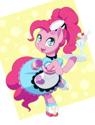 Size: 761x1000 | Tagged: safe, artist:dstears, pinkie pie, earth pony, pony, coinky-dink world, eqg summertime shorts, g4, bow, clothes, cute, diapinkes, dress, equestria girls ponified, female, food, hair bow, hat, ice cream, looking at you, mare, pinkie pie day, ponified, roller skates, server pinkie pie, skates, skating, smiling, solo, waitress