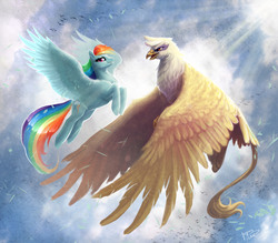 Size: 2480x2169 | Tagged: safe, artist:begasus, gilda, rainbow dash, griffon, pegasus, pony, g4, cloud, duo, duo female, female, flying, grin, high res, mare, open mouth, open smile, signature, sky, smiling, spread wings, tail feathers, wings