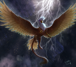 Size: 2480x2169 | Tagged: safe, artist:begasus, gilda, griffon, g4, awesome, badass, beautiful, epic, female, flying, large wings, lightning, majestic, rain, solo, spread wings, storm, wings