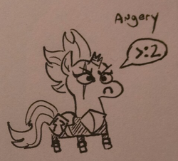 Size: 474x428 | Tagged: safe, artist:jargon scott, tempest shadow, pony, unicorn, g4, my little pony: the movie, :c, >:2, angry, armor, black and white, broken horn, chibi, emoticon, eye scar, female, frown, glare, gray background, grayscale, horn, mare, misspelling, monochrome, pictogram, scar, silly, silly pony, simple background, smol, solo, speech bubble, traditional art