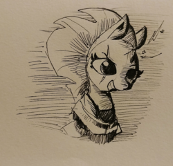 Size: 1395x1337 | Tagged: safe, artist:tjpones, tempest shadow, pony, unicorn, g4, my little pony: the movie, black and white, broken horn, bust, eye scar, female, grayscale, horn, inktober, monochrome, scar, solo, sparks, traditional art