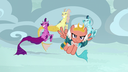 Size: 1920x1080 | Tagged: safe, screencap, adagio dazzle, aria blaze, somnambula, sonata dusk, pegasus, pony, siren, g4, shadow play, clothes, female, flashback, flying, mare, sky, smiling, smirk, the dazzlings