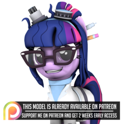 Size: 894x894 | Tagged: safe, artist:dazzion, sci-twi, twilight sparkle, pony, unicorn, eqg summertime shorts, equestria girls, g4, mad twience, 3d, clothes, cute, equestria girls ponified, glasses, goggles, lab coat, mad scientist, patreon, patreon logo, ponified, simple background, source filmmaker, transparent background, twiabetes, unicorn sci-twi