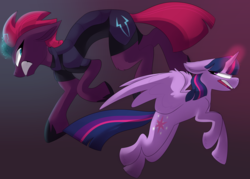 Size: 3500x2500 | Tagged: dead source, safe, artist:chugpaint, tempest shadow, twilight sparkle, alicorn, pony, unicorn, g4, my little pony: the movie, angry, armor, broken horn, duo, female, glowing horn, high res, horn, mare, open mouth, twilight sparkle (alicorn)