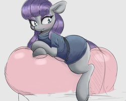 Size: 1163x929 | Tagged: safe, artist:tre, maud pie, pony, g4, balloon, balloon riding, blushing, clothes, colored sketch, eyeshadow, female, looking back, makeup, simple background, sketch, solo, that pony sure does love balloons, white background
