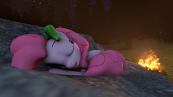 Size: 1920x1080 | Tagged: safe, artist:smooth-blues, gummy, pinkie pie, pony, g4, 3d, campfire, fire, forest, sleeping, source filmmaker