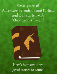 Size: 1700x2200 | Tagged: safe, artist:crowley, friendship is magic, g4, book, book of harmony, green background, happy birthday mlp:fim, mlp fim's seventh anniversary, no pony, simple background