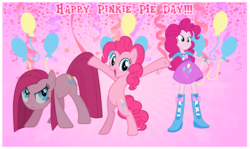 Size: 2544x1518 | Tagged: safe, artist:andoanimalia, pinkie pie, human, pony, equestria girls, g4, bipedal, clothes, hooves in air, human ponidox, pinkamena diane pie, pinkie pie day, self ponidox, skirt, triality, y pose