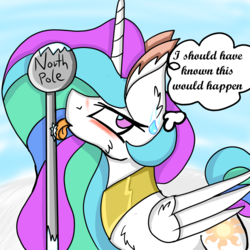Size: 1000x1000 | Tagged: safe, artist:cuddlelamb, princess celestia, alicorn, pony, g4, blushing, chest fluff, cursive, cute, ear fluff, embarrassed, female, mare, north pole, pole, sillestia, silly, silly pony, solo, sweat, sweatdrop, thought bubble, tongue out, tongue stuck to pole, wing fluff