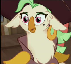 Size: 602x539 | Tagged: safe, screencap, captain celaeno, bird, anthro, g4, my little pony: the movie, the making of my little pony: the movie, cropped, ear piercing, earring, female, jewelry, mole, piercing, pirate, scared, solo