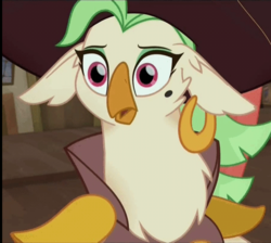 Size: 602x539 | Tagged: safe, screencap, captain celaeno, bird, ornithian, anthro, g4, my little pony: the movie, the making of my little pony: the movie, cropped, ear piercing, earring, female, jewelry, mole, piercing, pirate, scared, solo