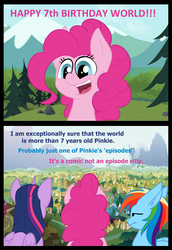 Size: 3656x5328 | Tagged: safe, artist:duop-qoub, pinkie pie, rainbow dash, twilight sparkle, alicorn, earth pony, pegasus, pony, g4, 2 panel comic, breaking the fourth wall, comic, female, happy birthday mlp:fim, lidded eyes, mare, mlp fim's seventh anniversary, nose wrinkle, ponyville, smiling, tree, twilight sparkle (alicorn), unamused