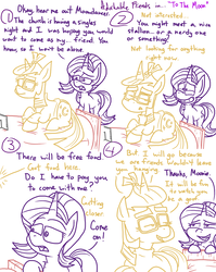 Size: 1280x1611 | Tagged: safe, artist:adorkabletwilightandfriends, moondancer, starlight glimmer, pony, unicorn, comic:adorkable twilight and friends, g4, adorkable friends, bed, comic, dialogue, glasses, grin, lineart, nervous, nervous smile, slice of life, smiling