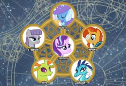 Size: 854x583 | Tagged: safe, edit, edited screencap, screencap, maud pie, princess ember, starlight glimmer, sunburst, thorax, trixie, changedling, changeling, dragon, g4, shadow play, alternate mane six, king thorax