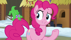 Size: 1280x720 | Tagged: safe, screencap, gummy, pinkie pie, pony, g4, not asking for trouble, biting, tail bite