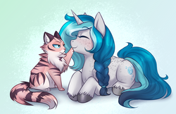 Size: 2512x1623 | Tagged: safe, artist:askbubblelee, oc, oc only, oc:bubble lee, oc:fish, oc:imago, cat, pony, unicorn, blushing, body freckles, cute, eyes closed, female, freckles, fursona, mare, ocbetes, prone, smiling, solo, unshorn fetlocks