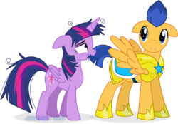 Size: 1600x1111 | Tagged: safe, artist:jucamovi1992, flash sentry, twilight sparkle, alicorn, pegasus, pony, g4, armor, bags under eyes, female, floppy ears, horseshoes, looking back, male, mare, messy mane, mouth hold, ship:flashlight, shipping, simple background, stallion, straight, tail, tail pull, tired, transparent background, twilight sparkle (alicorn)